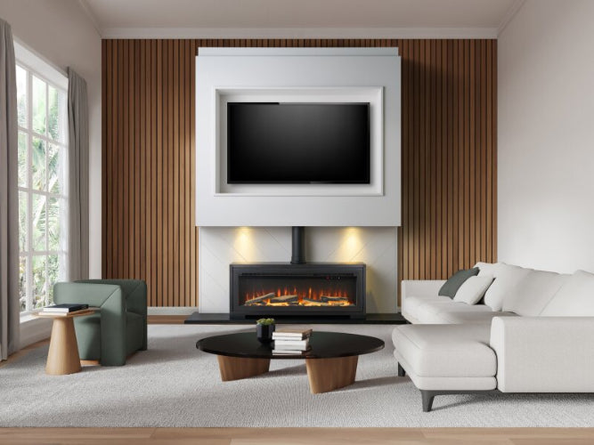 Acantha Vision Electric Media Stove - Black. With the atmospheric log fuel bed, 3D LED flame effect technology, and seven colour settings at The Stove House Ltd. West Sussex.