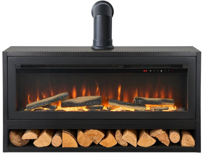 Acantha Vision Electric Media Stove with Log Store & Stove Pipe - Black - The Stove House