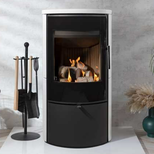 Arada Lagom 4 Series 2 - Ceramic White 4kW Ecodesign Ready wood burning stove with a curved glass door at The Stove House Ltd. West Sussex.