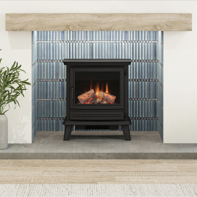 BeModern Diamond iQFX-Slate Electric Stove. Voice-controlled, cast Iron & complete with illuminated loose logs and realistic flame effect, at The Stove House Ltd. West Sussex.