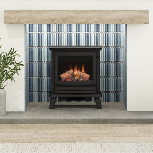 BeModern Diamond iQFX-Slate Electric Stove. Voice-controlled, cast Iron & complete with illuminated loose logs and realistic flame effect, at The Stove House Ltd. West Sussex.