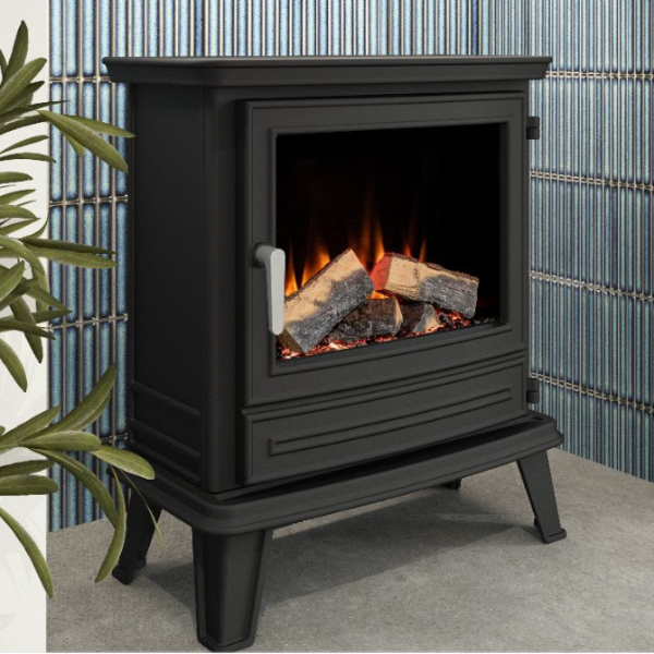 BeModern Diamond iQFX-Slate Electric Stove. Voice-controlled, cast Iron & complete with illuminated loose logs and realistic flame effect, at The Stove House Ltd. West Sussex.