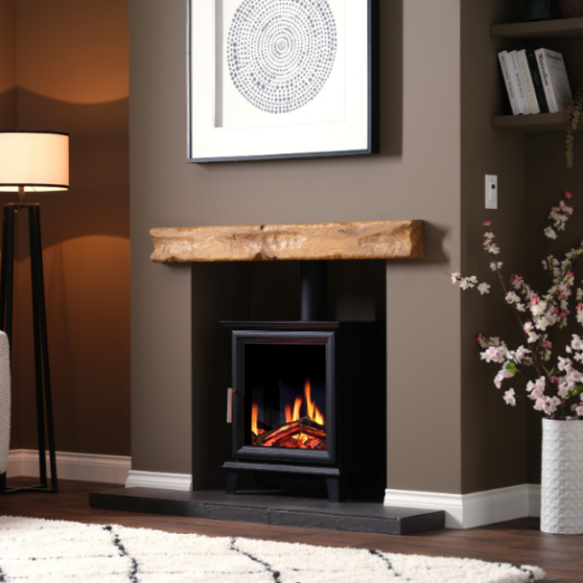 Charlton & Jenrick Luminosa Electric Stove. With a Real Flame Technology that creates the most realistic flames ever seen in an electric stove. Featuring a birch/oak log set and a contemporary design, at The Stove House Ltd. West Sussex.