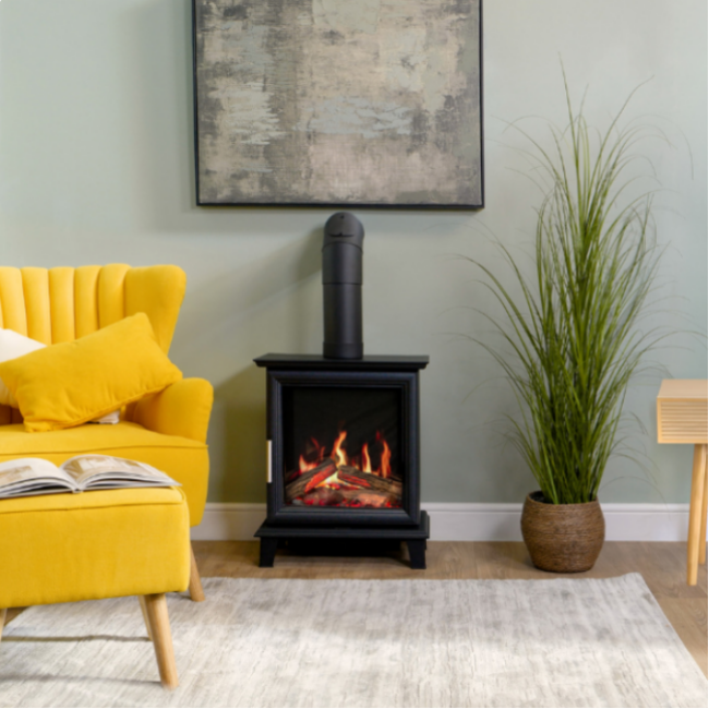 Charlton & Jenrick Luminosa Electric Stove. With a Real Flame Technology that creates the most realistic flames ever seen in an electric stove. Featuring a birch/oak log set and a contemporary design, at The Stove House Ltd. West Sussex.