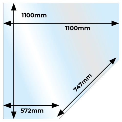 Clear Corner Angle Glass Hearth - 1100 mm x 1100 mm x 12 mm. Constructed in tempered clear glass for wood and bioethanol stoves at The Stove House Ltd. West Sussex