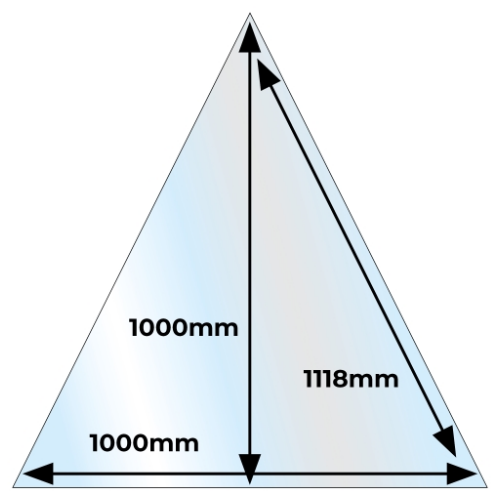 Clear Triangular Glass Hearth - 1000 mm x 1000 mm x 12 mm. Constructed in tempered clear glass for wood and bioethanol stoves at The Stove House Ltd. West Sussex