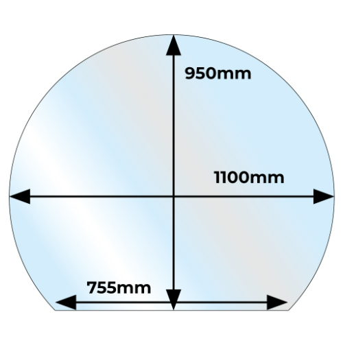 Clear Truncated Circle Glass Hearth - 1100 mm x 950 mm x 12 mm. Constructed in tempered clear glass for wood and bioethanol stoves at The Stove House Ltd. West Sussex