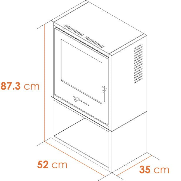 A diagram of the measurements for an OKO S3 which is a grey box like structure made of steel that has a metal chamber inside that houses BIOETHANOL fuel. A 100% eco friendly renewable energy resource that's been turned into liquid. This is put into the metal chamber inside the fire box and lite to produce real flames and real heat and no chimney is required.