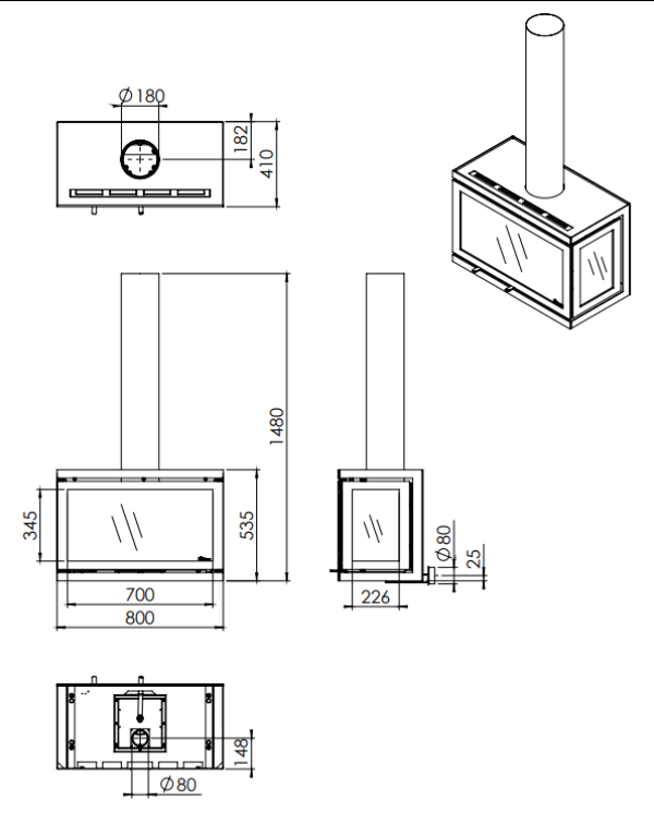 Dik Geurts Vidar Triple - Large 3-Sided 7.9kW Eco Design Ready Wood Stove at The Stove House Ltd. West Sussex.