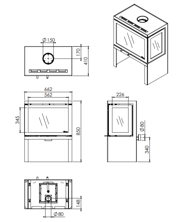 Dik Geurts Vidar Triple Medium - Store. 3 Sided 7.1kW Eco Design Ready Wood Stove at The Stove House Ltd. West Sussex.