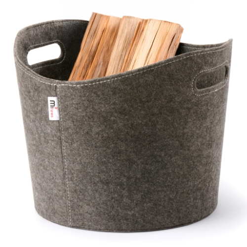 Felt Firewood Basket 39 cm  x 31 cm.  A highly decorative firewood basket in enduring grey felt for log storage at The Stove House Ltd. West Sussex.