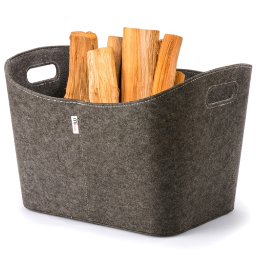 Felt Firewood Basket 53 cm  x 44 cm x 36 cm.  A highly decorative firewood basket in enduring grey felt for log storage at The Stove House Ltd. West Sussex.
