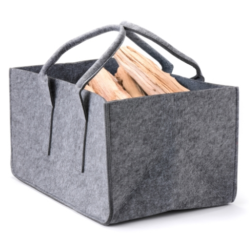 Felt Firewood Basket 39 cm  x 31 cm.  A highly decorative firewood basket in enduring grey felt for log storage at The Stove House Ltd. West Sussex.