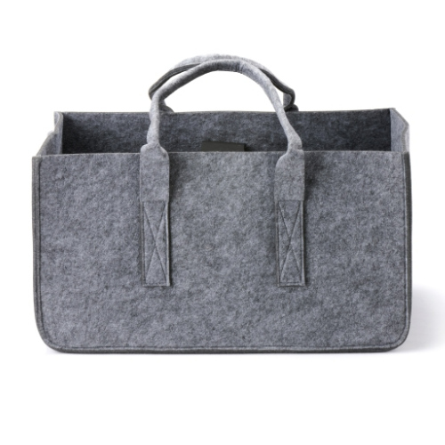 Felt Firewood Basket 39 cm  x 31 cm.  A highly decorative firewood basket in enduring grey felt for log storage at The Stove House Ltd. West Sussex.