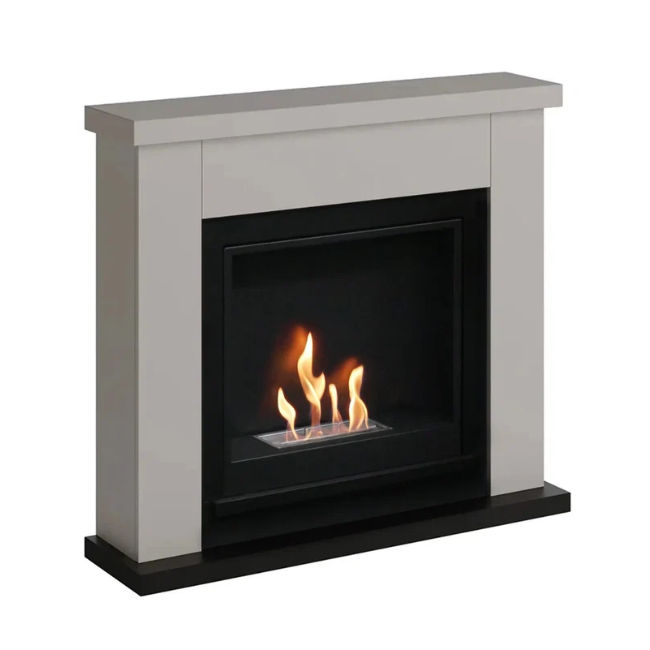 Frode Bioethanol Fireplace Suite - Grey. Crafted from MDF with a sleek grey finish and a 2-litre capacity, providing up to 6 hours of burn time and a heat output of 3 kW, at The Stove House Ltd. West Sussex