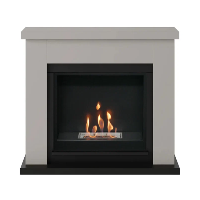 Frode Bioethanol Fireplace Suite - Grey. Crafted from MDF with a sleek grey finish and a 2-litre capacity, providing up to 6 hours of burn time and a heat output of 3 kW, at The Stove House Ltd. West Sussex