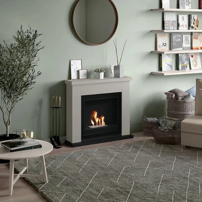 Frode Bioethanol Fireplace Suite - Grey. Crafted from MDF with a sleek grey finish and a 2-litre capacity, providing up to 6 hours of burn time and a heat output of 3 kW, at The Stove House Ltd. West Sussex