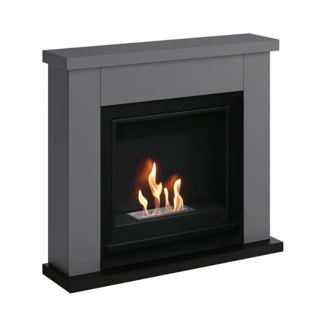 Frode Bioethanol Fireplace Suite - Grey. Crafted from MDF with a sleek grey finish and a 2-litre capacity, providing up to 6 hours of burn time and a heat output of 3 kW, at The Stove House Ltd. West Sussex