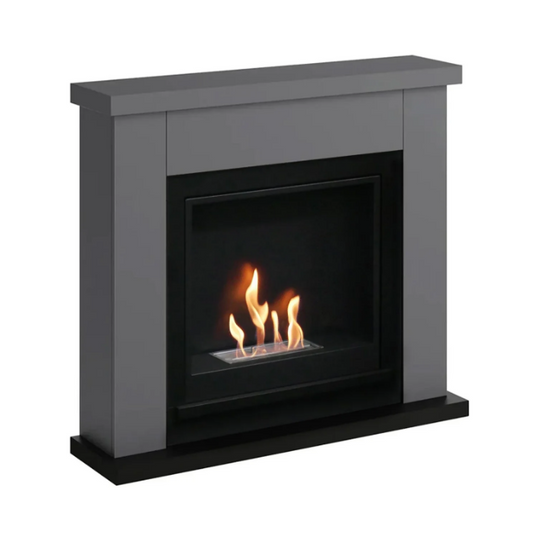Frode Bioethanol Fireplace Suite - Grey. Crafted from MDF with a sleek grey finish and a 2-litre capacity, providing up to 6 hours of burn time and a heat output of 3 kW, at The Stove House Ltd. West Sussex