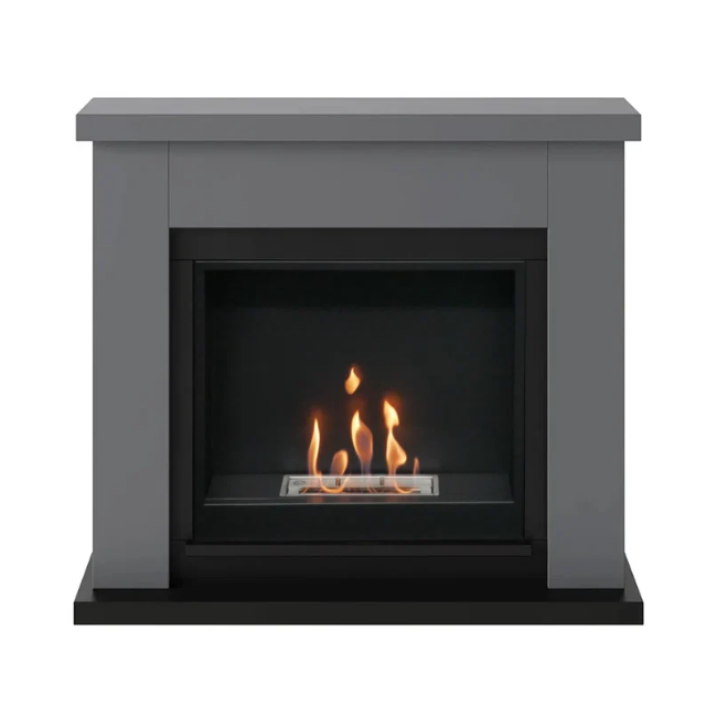 Frode Bioethanol Fireplace Suite - Grey. Crafted from MDF with a sleek grey finish and a 2-litre capacity, providing up to 6 hours of burn time and a heat output of 3 kW, at The Stove House Ltd. West Sussex