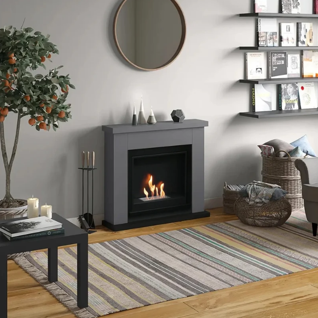 Frode Bioethanol Fireplace Suite - Grey. Crafted from MDF with a sleek grey finish and a 2-litre capacity, providing up to 6 hours of burn time and a heat output of 3 kW, at The Stove House Ltd. West Sussex