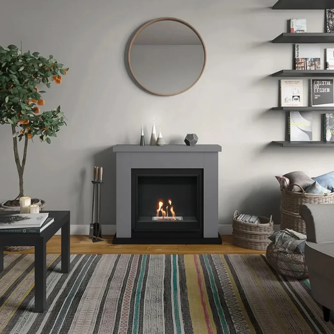 Frode Bioethanol Fireplace Suite - Grey. Crafted from MDF with a sleek grey finish and a 2-litre capacity, providing up to 6 hours of burn time and a heat output of 3 kW, at The Stove House Ltd. West Sussex