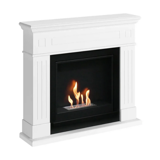 Frode Bioethanol Fireplace Suite - White. Crafted from MDF with a sleek white finish and a 2-litre capacity, providing up to 6 hours of burn time and a heat output of 3 kW, at The Stove House Ltd. West Sussex