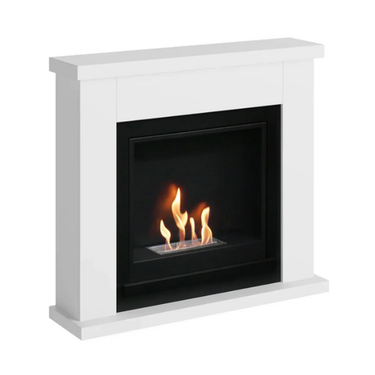 Frode Bioethanol Fireplace Suite - White. Crafted from MDF with a sleek white finish and a 2-litre capacity, providing up to 6 hours of burn time and a heat output of 3 kW, at The Stove House Ltd. West Sussex