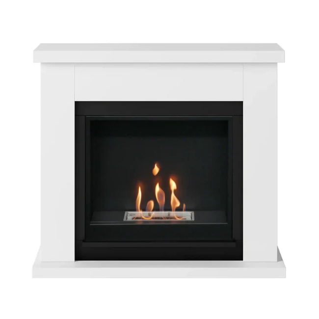 Frode Bioethanol Fireplace Suite - White. Crafted from MDF with a sleek white finish and a 2-litre capacity, providing up to 6 hours of burn time and a heat output of 3 kW, at The Stove House Ltd. West Sussex