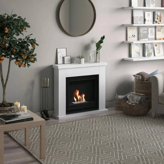 Frode Bioethanol Fireplace Suite - White. Crafted from MDF with a sleek white finish and a 2-litre capacity, providing up to 6 hours of burn time and a heat output of 3 kW, at The Stove House Ltd. West Sussex