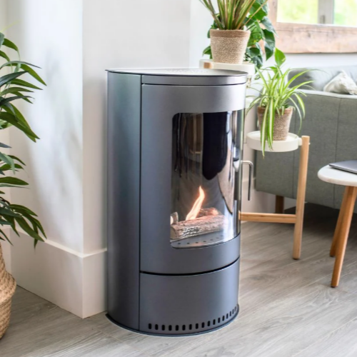 Imagin Fires Hampton Grey Bioethanol Stove in a subtle graphite grey finish.  No flue required at The Stove House Ltd. West Sussex.