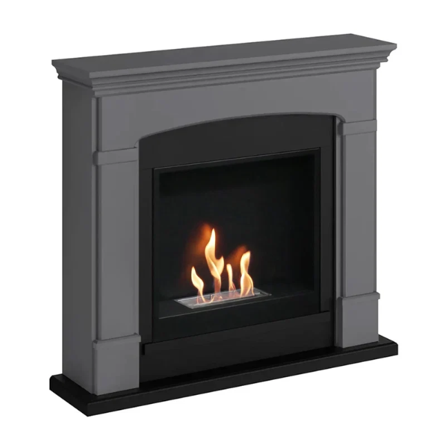 Helmi Bioethanol Fireplace Suite - Grey. Crafted from MDF with a classic grey finish, the Helmi fireplace is equipped with a bioethanol burner with a capacity of 2 litres, providing up to 5-6 hours of burn time and a heat output of up to 3 kW, at The Stove House Ltd. West Sussex.