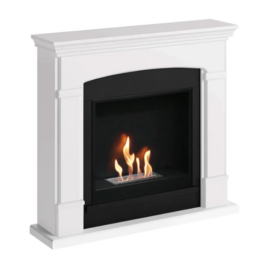 Helmi Bioethanol Fireplace Suite - White. Crafted from MDF with a classic white finish, the Helmi fireplace is equipped with a bioethanol burner with a capacity of 2 litres, providing up to 5-6 hours of burn time and a heat output of up to 3 kW, at The Stove House Ltd. West Sussex.