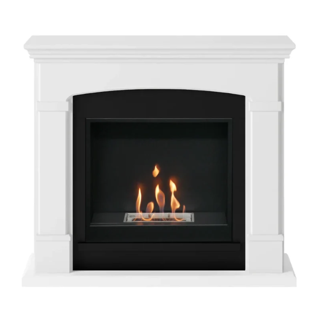 Helmi Bioethanol Fireplace Suite - White. Crafted from MDF with a classic white finish, the Helmi fireplace is equipped with a bioethanol burner with a capacity of 2 litres, providing up to 5-6 hours of burn time and a heat output of up to 3 kW, at The Stove House Ltd. West Sussex.