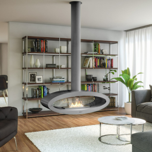 Henley Budapest Bioethanol Stove - Silver. Mounted from the ceiling with the feeling of a bio fireplace that floats in mid-air. The epitome of contemporary elegance at The Stove House Ltd. West Sussex.