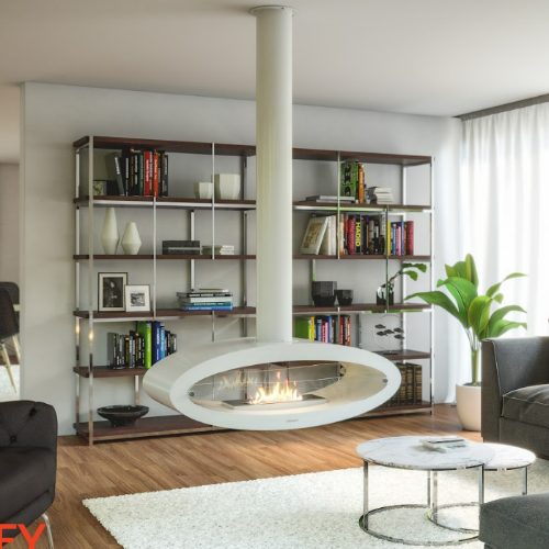 Henley Budapest Bioethanol Stove - White. Mounted from the ceiling with the feeling of a bio fireplace that floats in mid-air. The epitome of contemporary elegance at The Stove House Ltd. West Sussex.