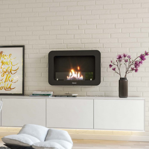 Henley Crete Wall-Mounted Bioethanol Fire. A contemporary and unique wall-mounted bio ethanol fire with a bold, sophisticated matte black finish at The Stove House Ltd. West Sussex.