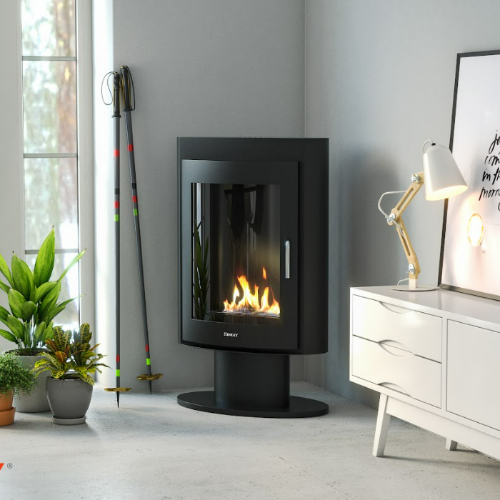 Henley Madrid Bioethanol Stove. A curved design with a pedestal in a black graphite satin finish makes this model modern yet classic at The Stove House Ltd. West Sussex.