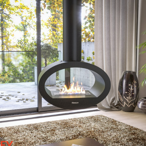 Henley Milan Bioethanol Stove. Mounted from the ceiling with the feeling of a bio fireplace that floats in mid-air. Double-sided contemporary elegance at The Stove House Ltd. West Sussex.