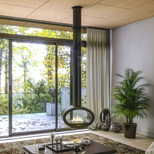 Henley Milan Bioethanol Stove. Mounted from the ceiling with the feeling of a bio fireplace that floats in mid-air. Double-sided contemporary elegance at The Stove House Ltd. West Sussex.
