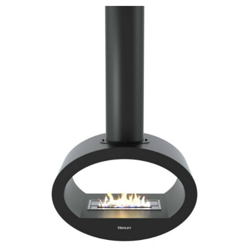 Henley Milan Bioethanol Stove. Mounted from the ceiling with the feeling of a bio fireplace that floats in mid-air. Double-sided contemporary elegance at The Stove House Ltd. West Sussex.