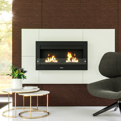 Henley Oslo 900 Wall-Mounted Bioethanol Fire - Black. With a stylish white or black frame, double burner, and a protective tempered glass base at The Stove House Ltd. West Sussex.