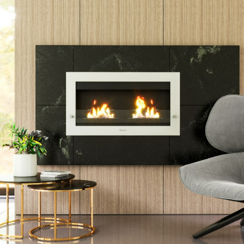 Henley Oslo 900 Wall-Mounted Bioethanol Fire - White. With a stylish white or black frame, double burner, and a protective tempered glass base at The Stove House Ltd. West Sussex.