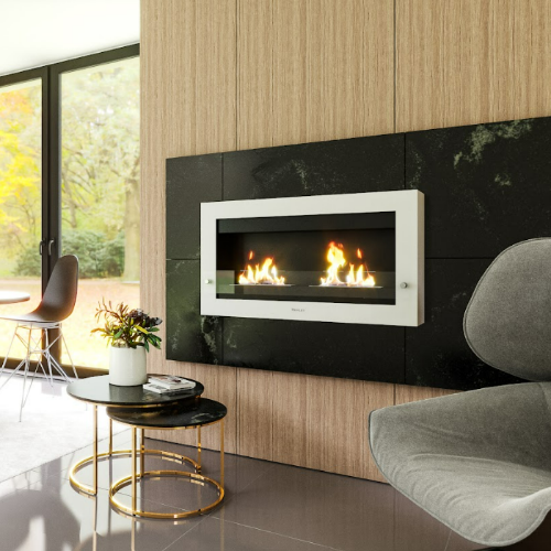 Henley Oslo 900 Wall-Mounted Bioethanol Fire - White. With a stylish white or black frame, double burner, and a protective tempered glass base at The Stove House Ltd. West Sussex.