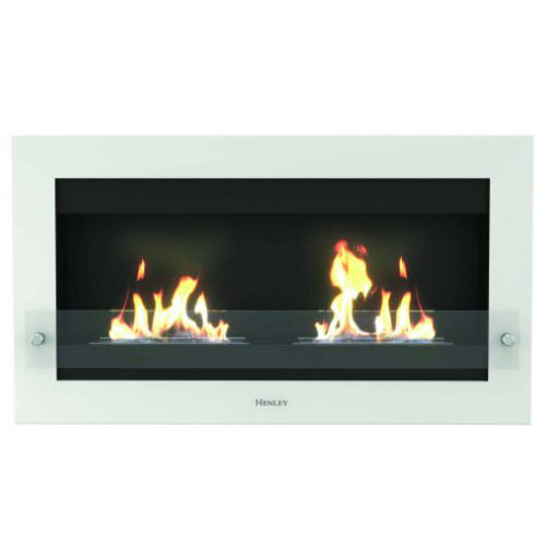 Henley Oslo 900 Wall-Mounted Bioethanol Fire - White. With a stylish white or black frame, double burner, and a protective tempered glass base at The Stove House Ltd. West Sussex.