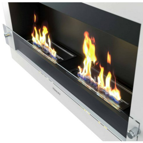 Henley Oslo 900 Wall-Mounted Bioethanol Fire - White. With a stylish white or black frame, double burner, and a protective tempered glass base at The Stove House Ltd. West Sussex.
