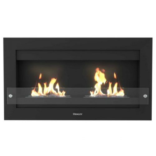 Henley Oslo 900 Wall-Mounted Bioethanol Fire - Black. With a stylish white or black frame, double burner, and a protective tempered glass base at The Stove House Ltd. West Sussex.