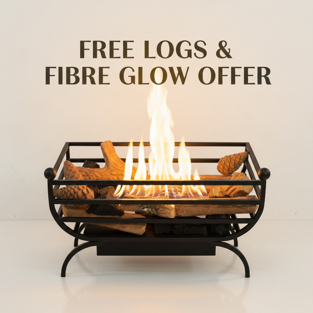 a Hermes bioethanol black metal basket grate housing ceramic logs with a live glowing flame, its a Bundle Offer which includes Free Log Set & Fibre Glow 