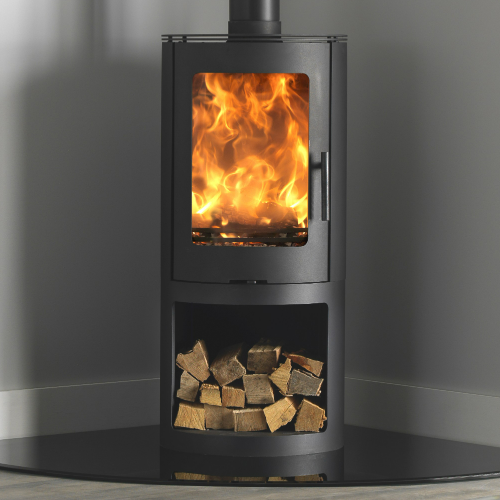 Capital Fireplaces Holsworthy Eco Wood Stove. Featuring a large window and built-in log store, the Holsworthy is contemporary and stylish at The Stove House Ltd. West Sussex.