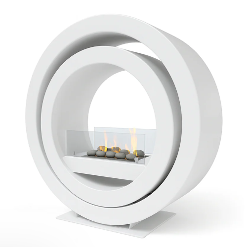 Imagin Fires Globus White Bioethanol Fire.  A Freestanding bioethanol fire with a gorgeous contemporary circular design and no flue required at The Stove House Ltd. West Sussex.
